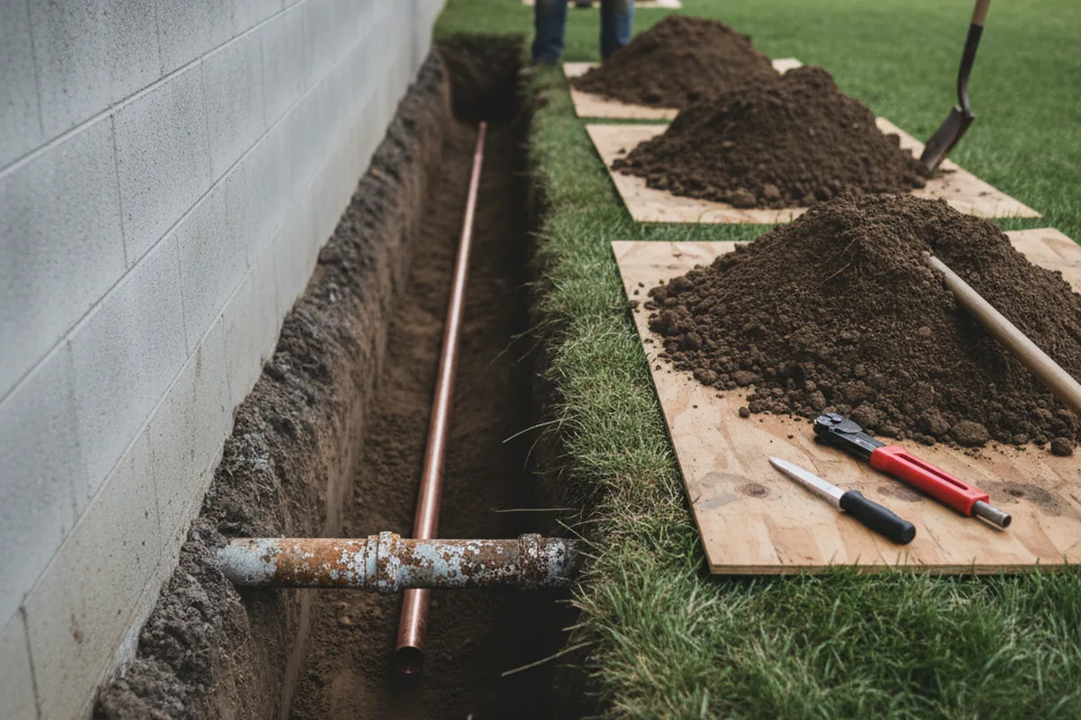 Excavated water line trench during Water Softener Installation in Elida